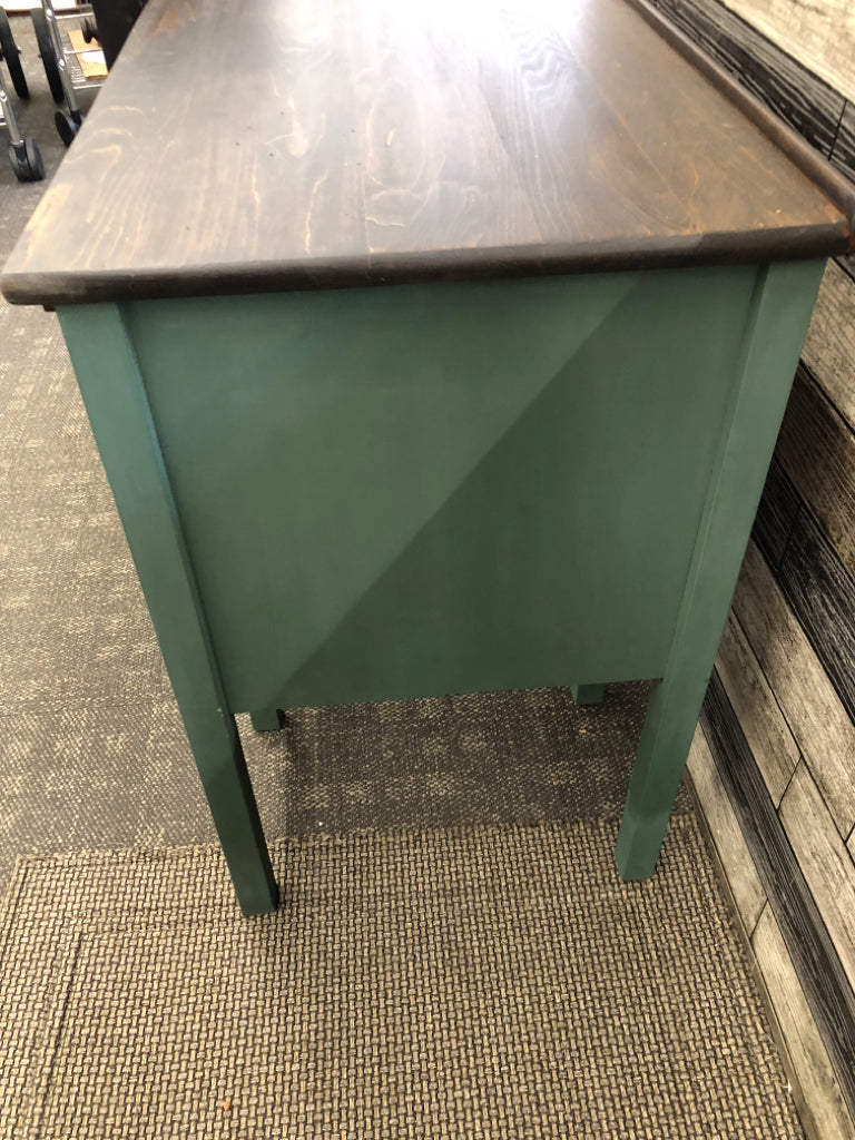 GREEN PAINTED DESK, STAINED FINISH TOP.