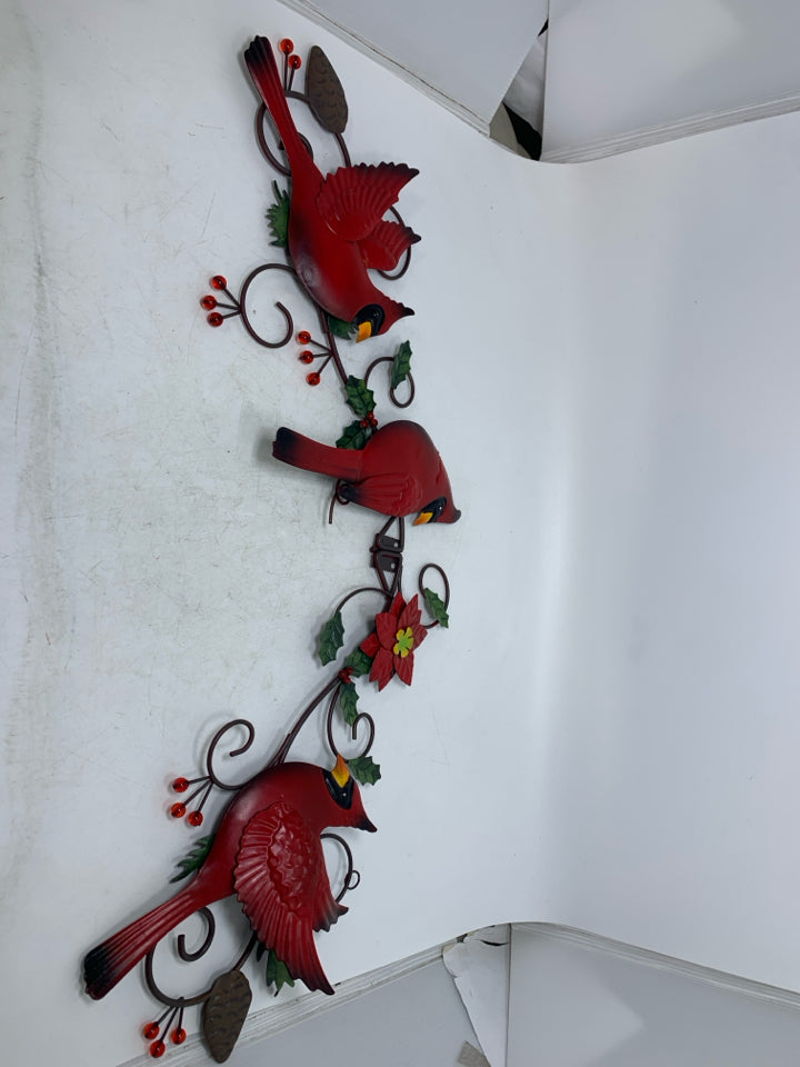 3 METAL CARDINALS W/ BRANCHES & BERRIES WALL HANGING.