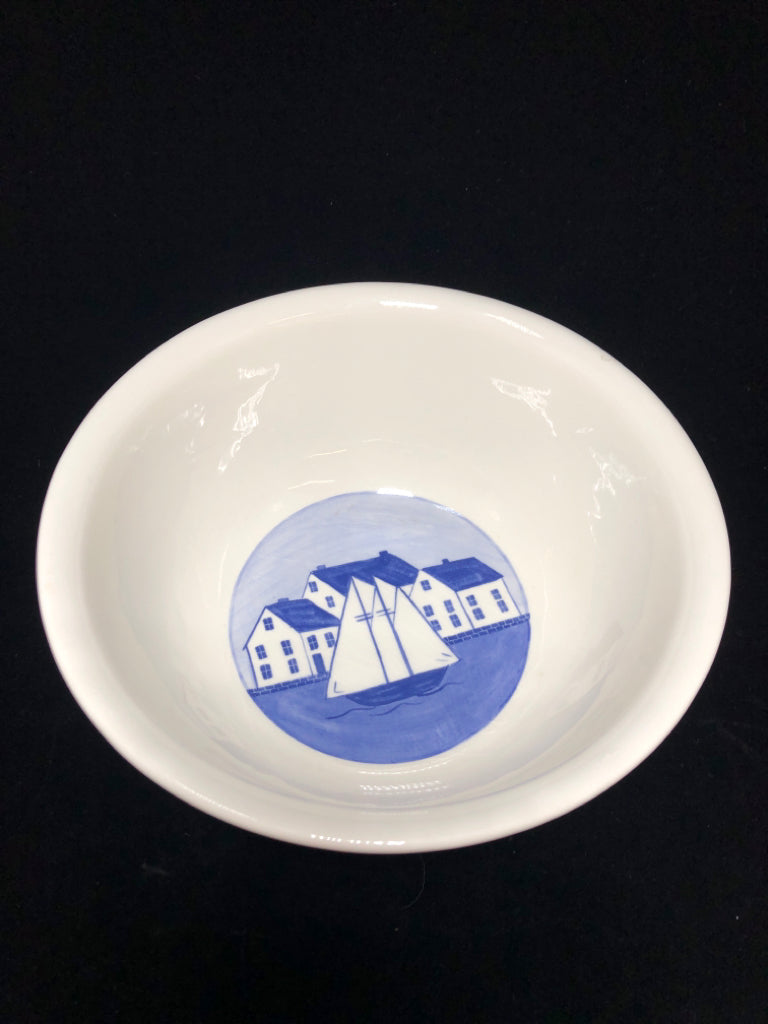 BLUE PAINTED SAILBOAT SERVING BOWL.
