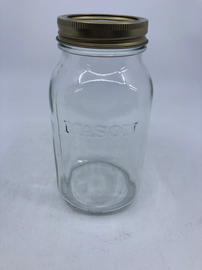 "MASON" MASON JAR W/ GOLD LID.