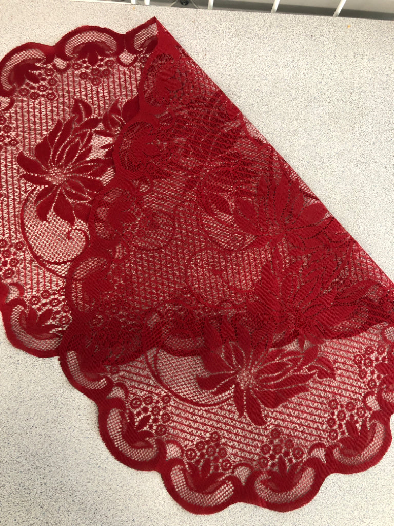 RED FLORAL LACE TABLE RUNNER.