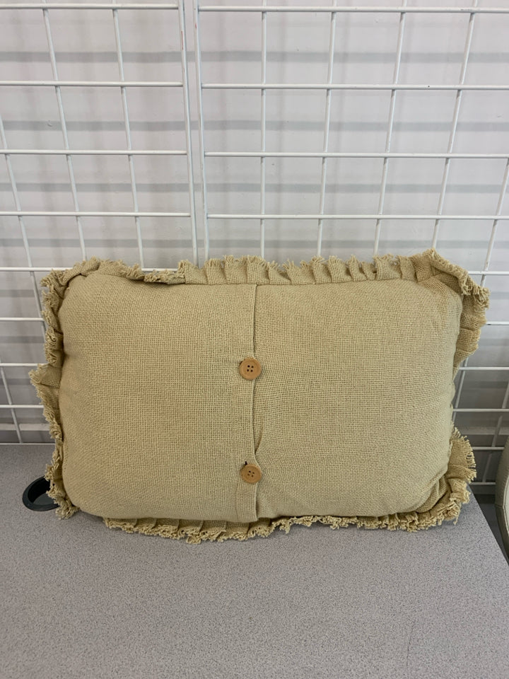 BEIGE TEXTURED RECTANGLE THROW PILLOW W/BEIGE 2 BUTTONS FRINGE.
