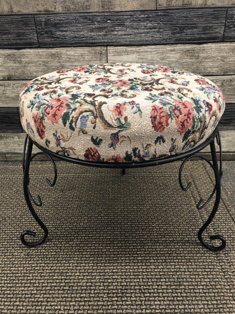 BLACK METAL FEET W/ FLORAL CUSHION STOOL.