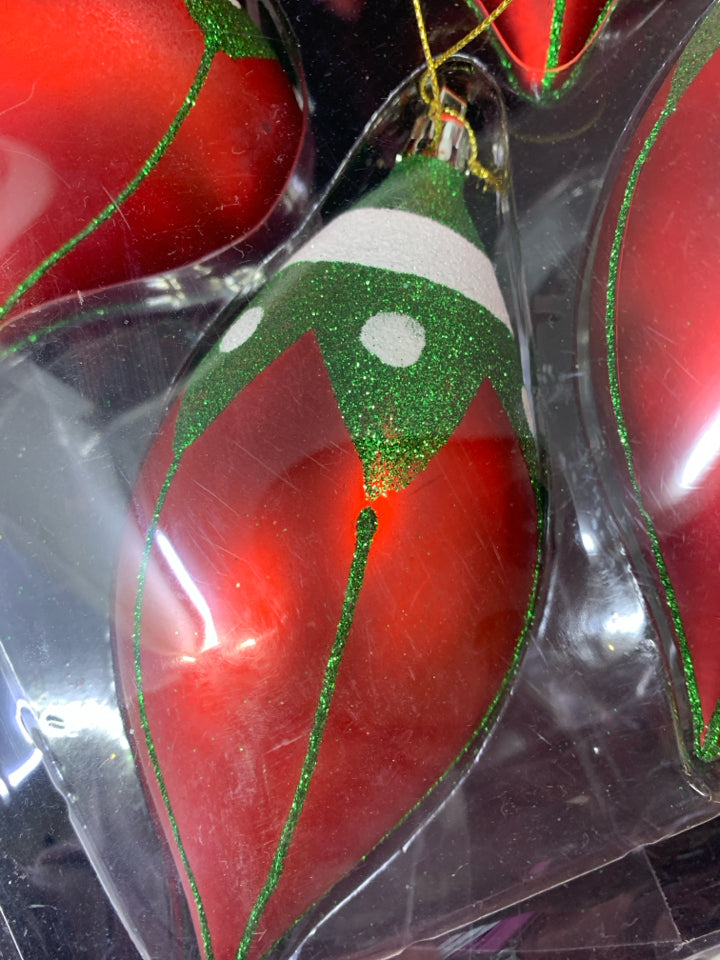 6 RED/GREEN/WHITE SHATTER PROOF ORNAMENTS.