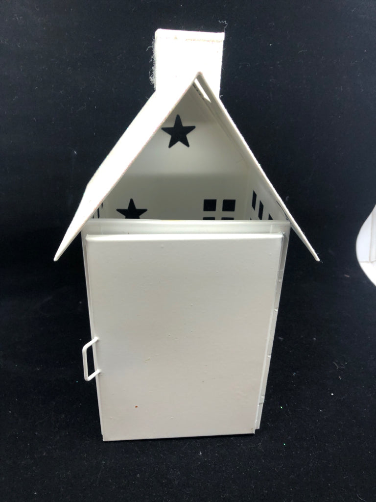 WHITE METAL HOUSE CANDLE HOLDER/LANTERN.