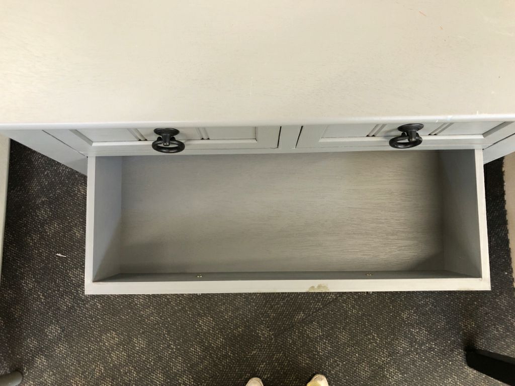 GREY SIDE TABLE W/ 3 DRAWERS.