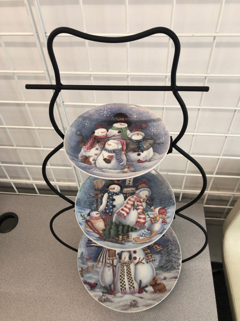 3 TIER SNOWMAN SHAPED SERVING TRAY W/3 SNOWMAN DISHES.