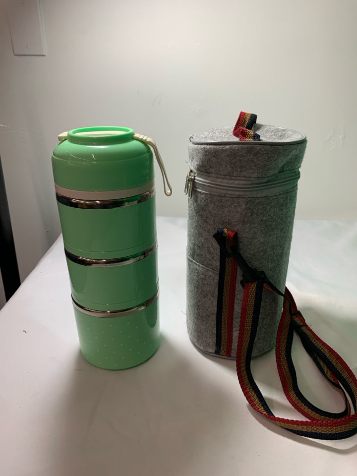 TEAL BENTO STACKABLE STORAGE CONTAINERS WITH GRAY CARRYING CASE.