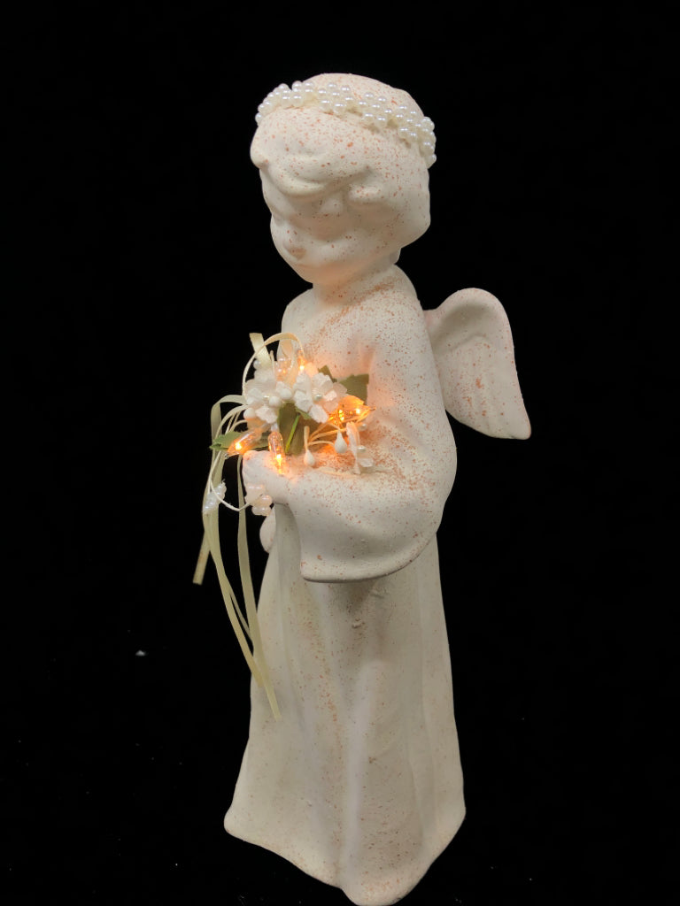 CREAM CERAMIC ANGEL/W LIGHT UP FLOWERS.
