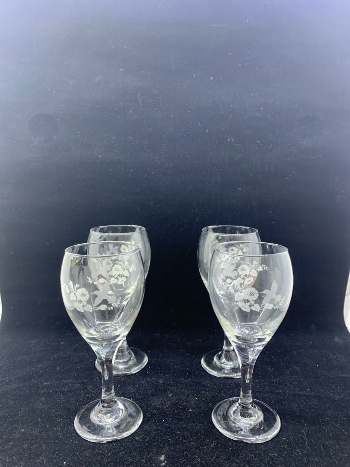 4 HUMMINGBIRD ETCHED WINE GLASS.