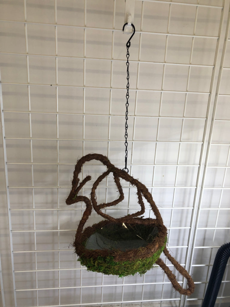 MOSS BIRD SHAPED HANGING PLANTER W/ PLASTIC INSERT.