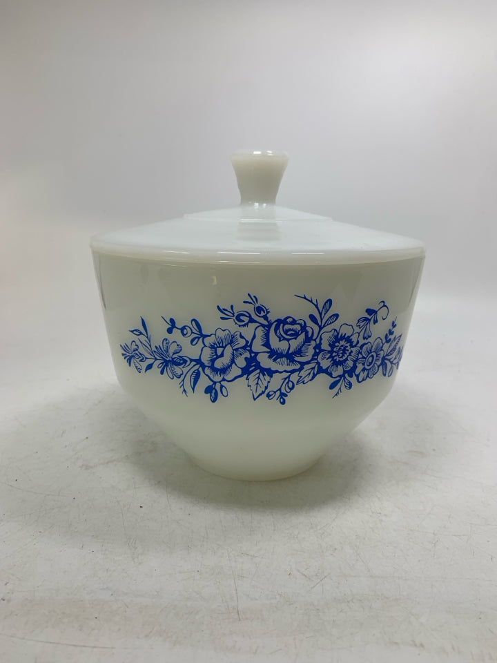 VTG MILK GLASS BLUE ROSES MIXING BOWL W/ LID.
