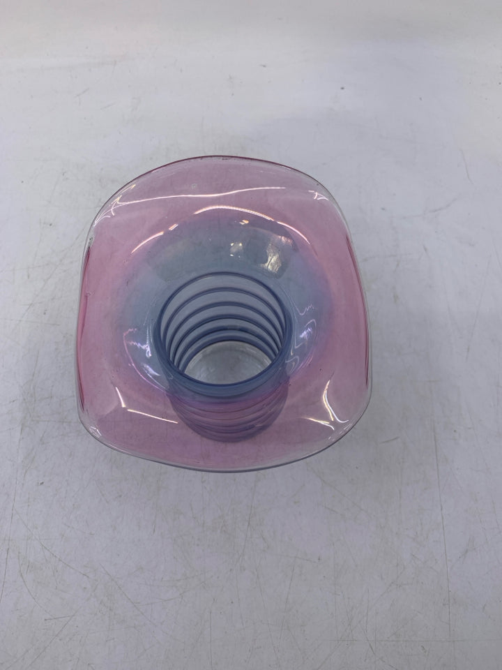 DELICATE PINK/ BLUE GLASS ROLLED EDGE VASE.