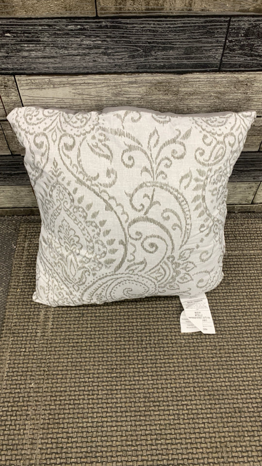 GREY/WHITE EMBROIDERED ACCENT PILLOW.