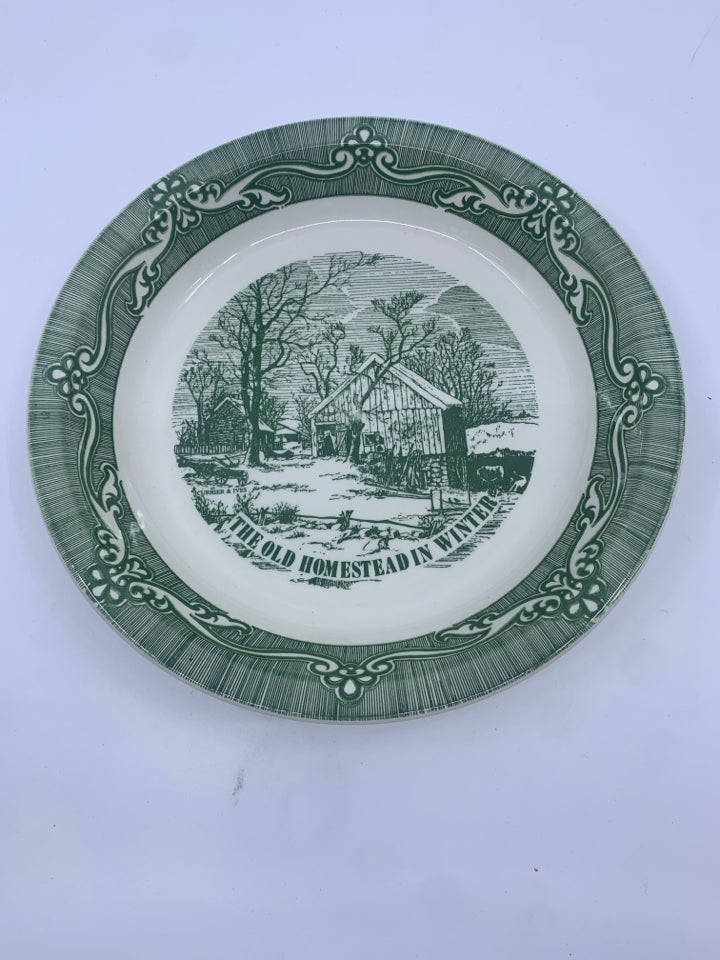 VTG GREEN THE OLD HOMESTEAD PIE PLATE.