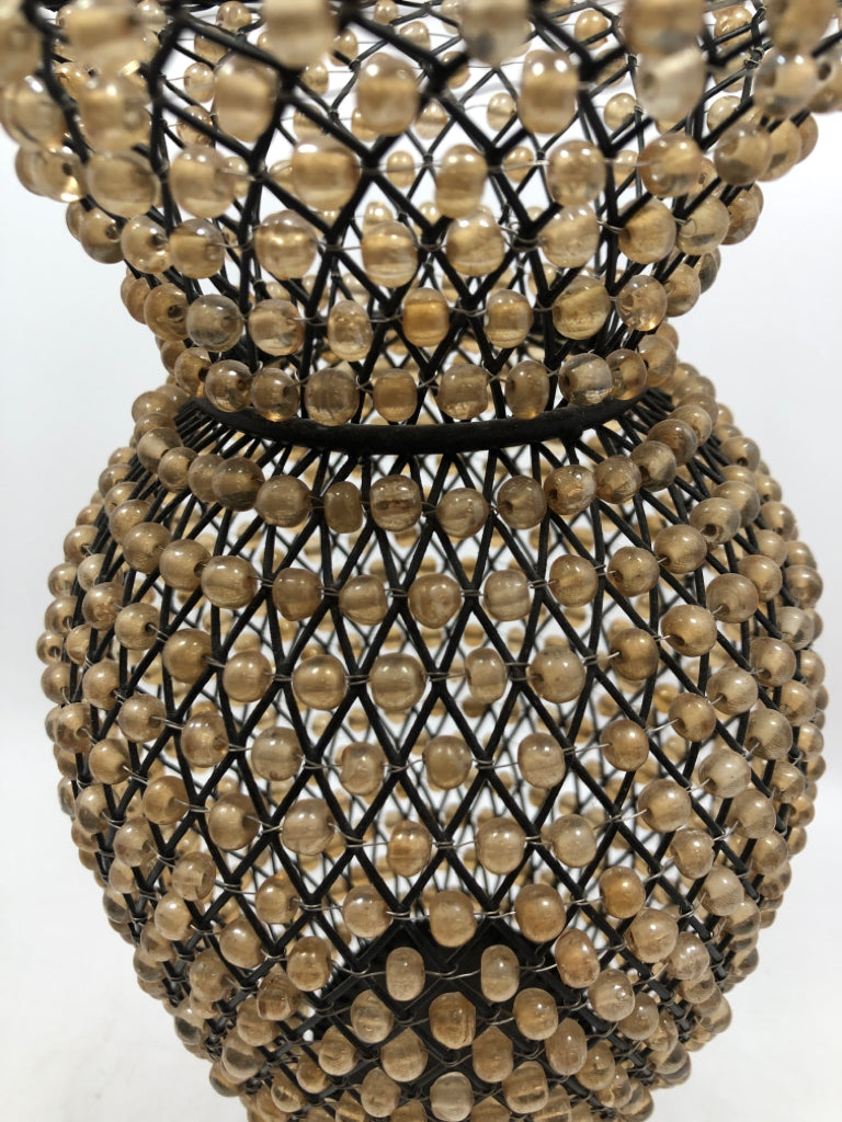 BEADED VASE W METAL BASE.