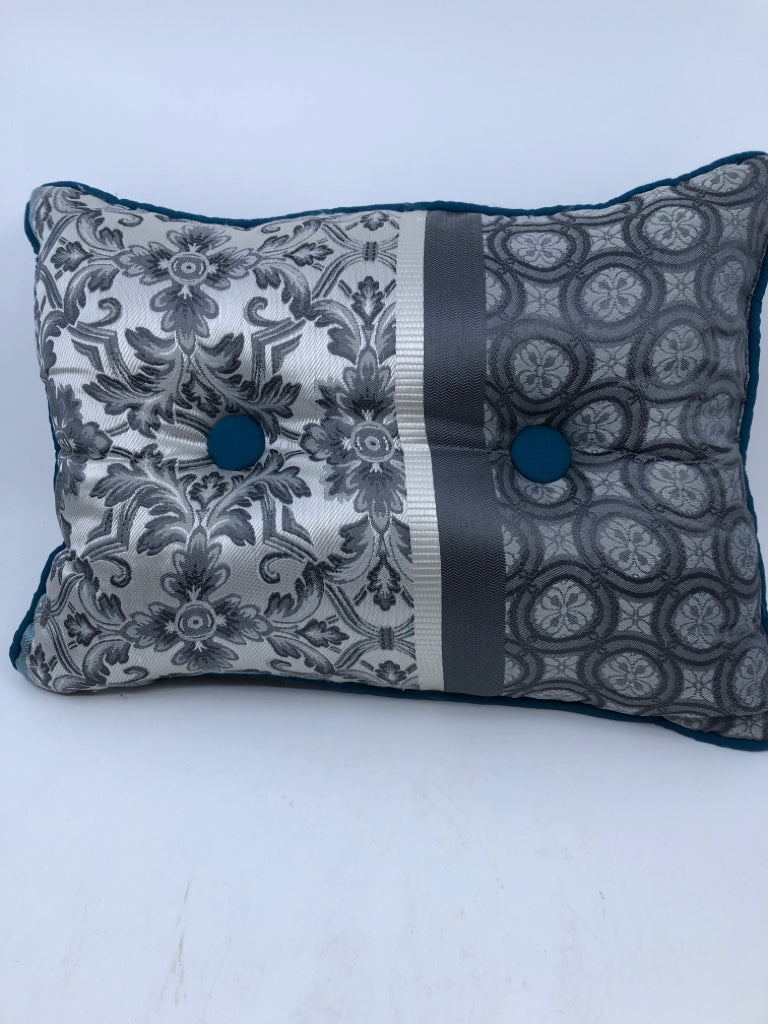 TEAL AND GREY REVERSIBLE PILLOW.