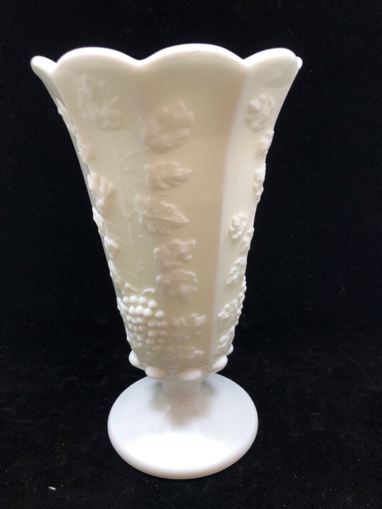 VTG GRAPES EMBOSSED MILK GLASS FOOTED VASE.
