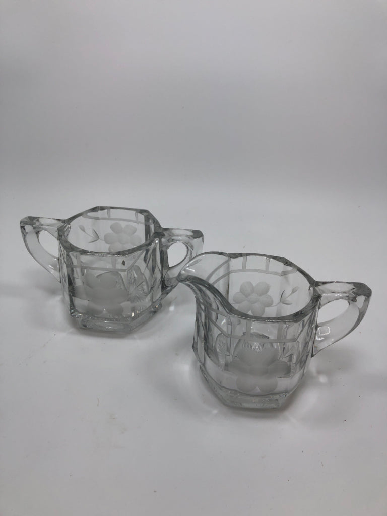VTG HEXAGON GLASS CREAMER AND SUGAR SET W/ETCHED FLOWERS.