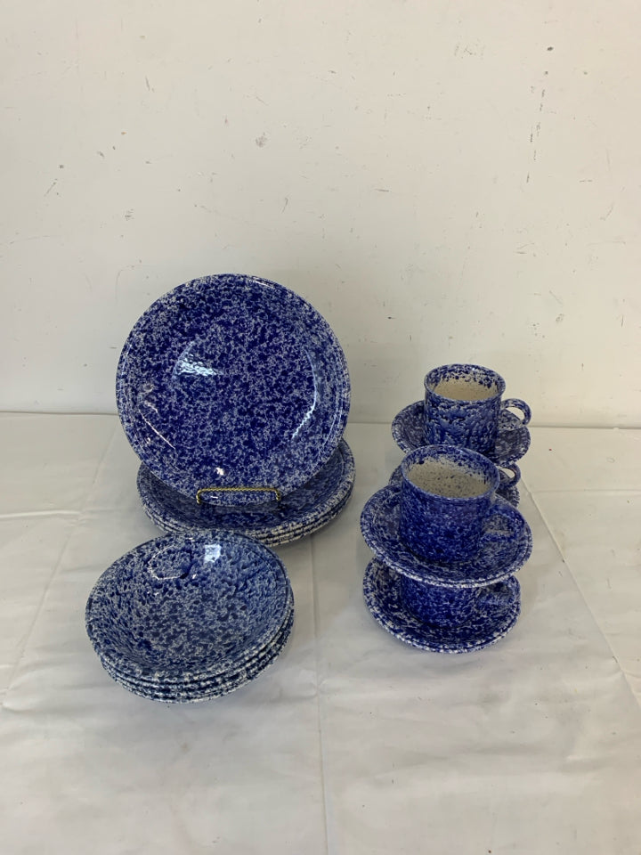 16 PC BLUE SPONGED DISH SET - 4 CUPS, 4 PLATES, 4 SAUCERS, 4 BOWLS.