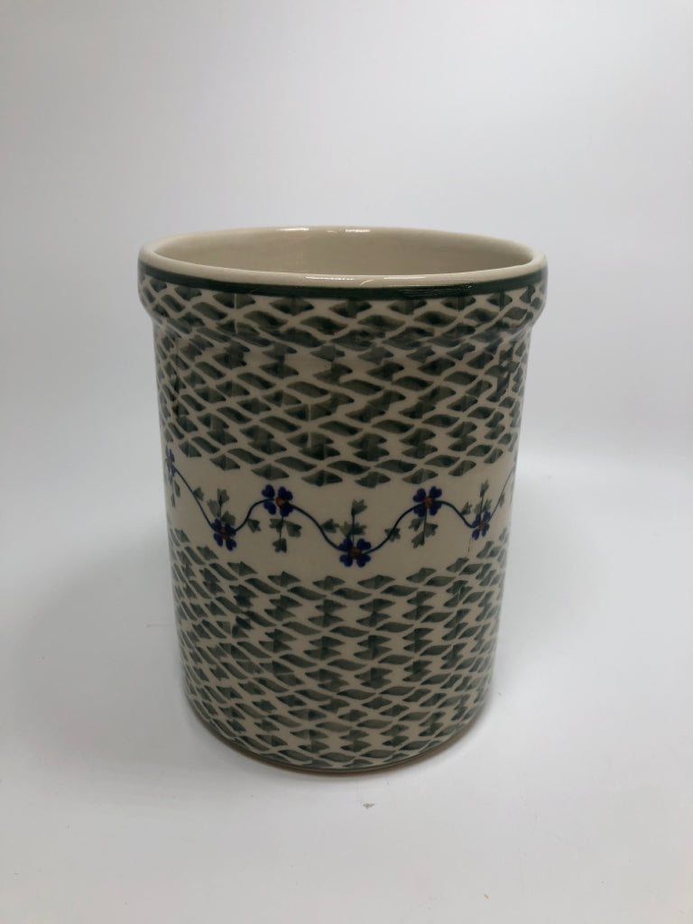GREEN & BLUE FLORAL POLISH POTTERY UTENSIL HOLDER.