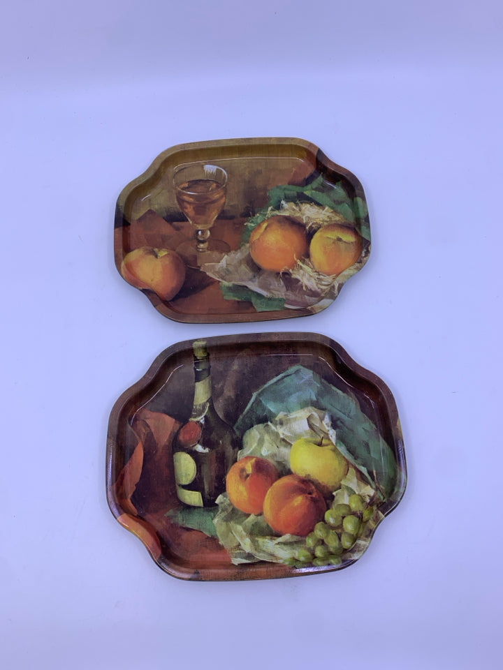 2 VTG FRUIT AND WINE METAL TRAYS.