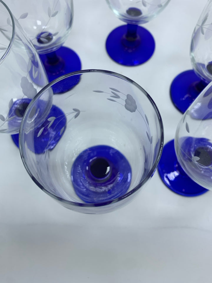 6 BLUE STEM GLASSES W/FLORAL ETCHING.