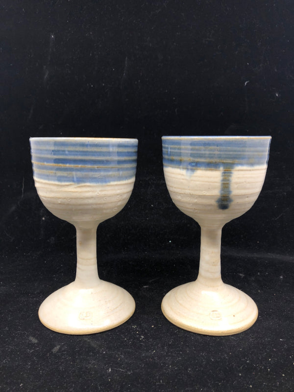 2 POTTERY WINE GLASSES WHITE/BLUE.