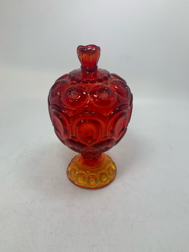 VTG MOON & STARS AMBERINA FOOTED COVERED CANDY DISH.