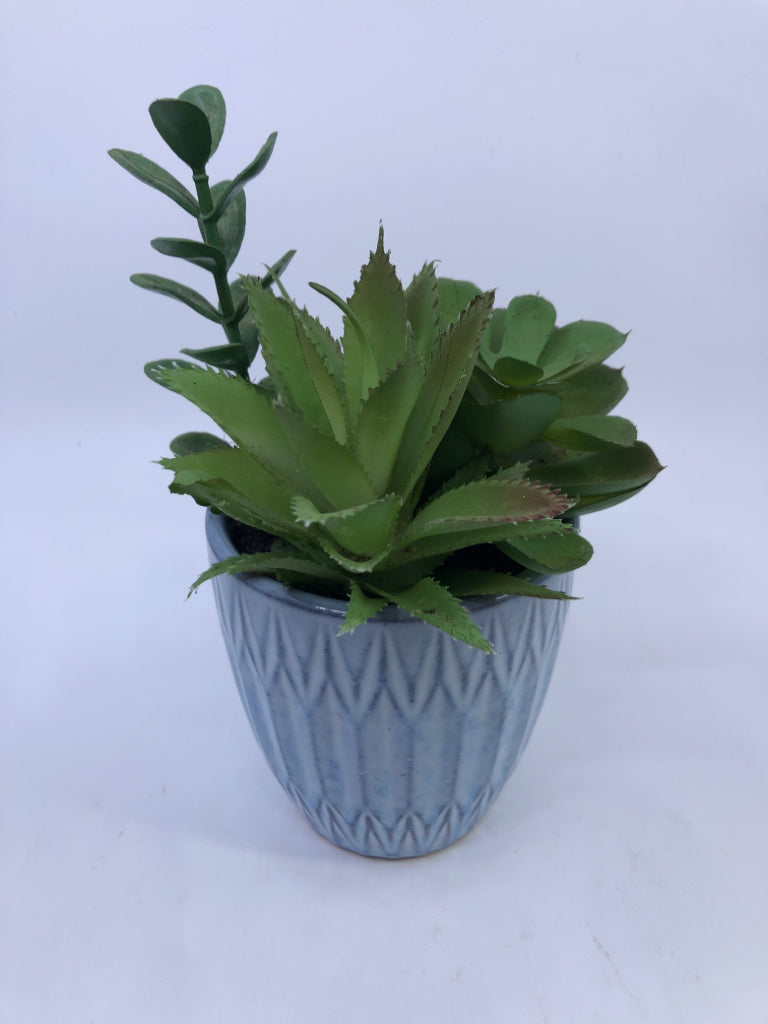 FAUX SUCCULENT IN BLUE PLANTER.
