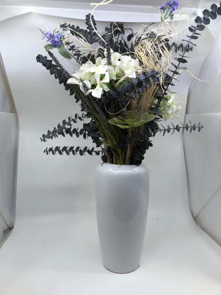 FAUX LAVENDER + EUCALYPTUS BOUQUET IN WHITE VASE.