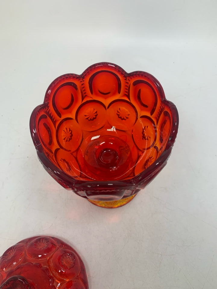 VTG MOON & STARS AMBERINA FOOTED COVERED CANDY DISH.