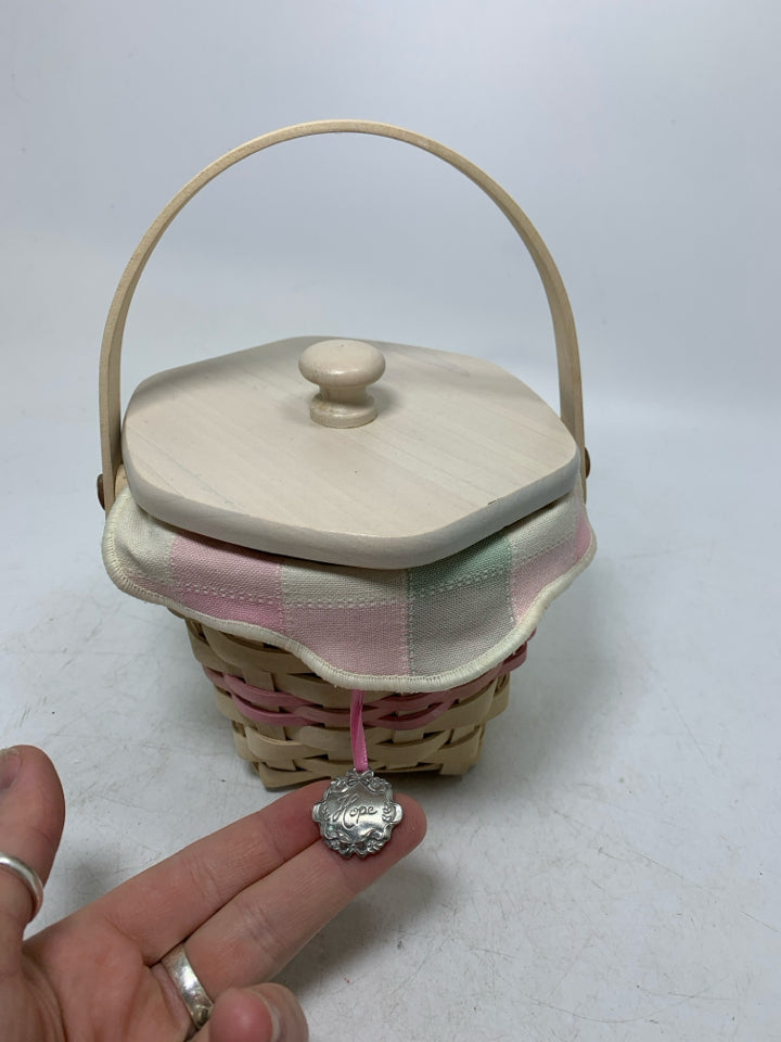 WHITE WASHED HORIZON OF HOPE BREAST CANCER HEXAGON BASKET W/ LINER INSERT TIE ON