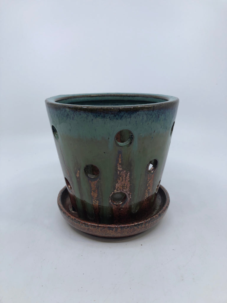 POTTERY ORCHID PLANTER BROWN, GREEN, TEAL.