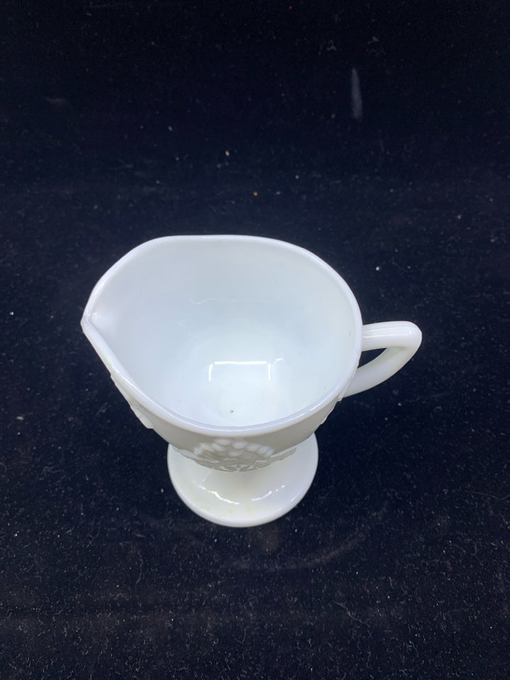 VTG MILK GLASS FOOTED EMBOSSED CREAM/GRAVY SERVER.