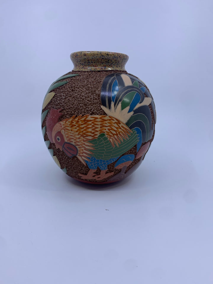 POTTERY VASE W/ EMBOSSED ROOSTER +CORN STOCKS- NICARAGUA.