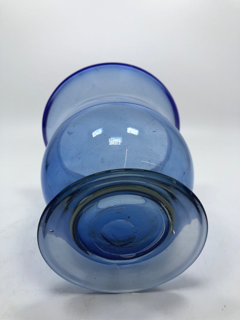 BLUE GLASS HURRICANE VASE.