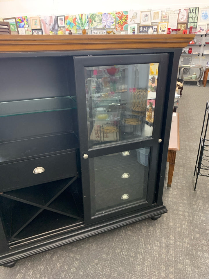 CABINET W/ 2 SLIDING GLASS DOORS 4 DRAWERS/WINE RACK/ GLASS SHELVES WOOD TOP.