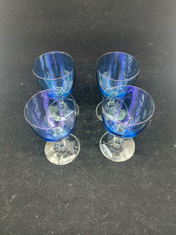 4 BLUE GLASS FOOTED WINE GLASSES.