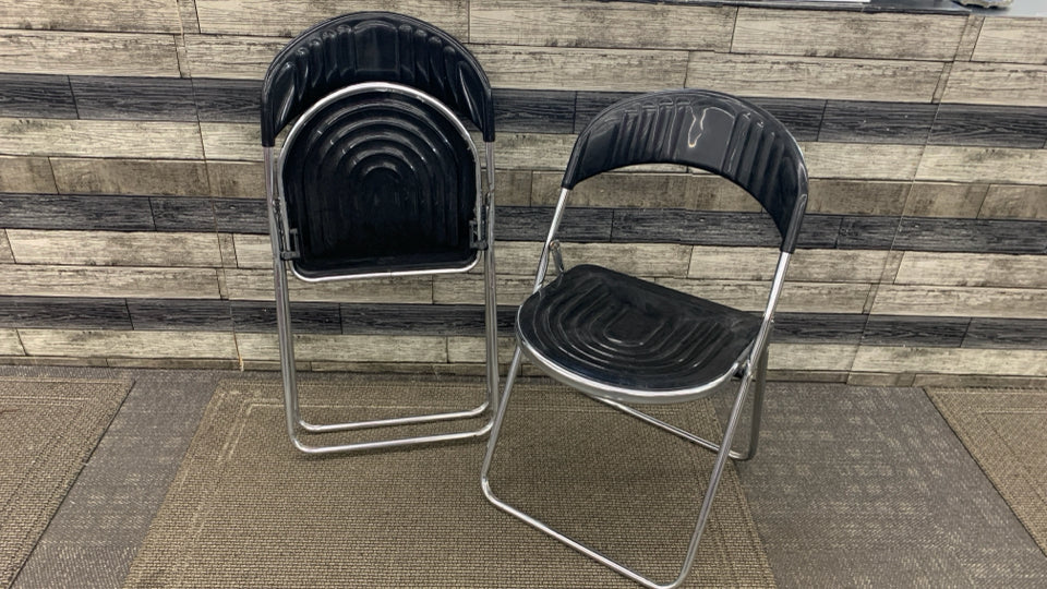 2 ITALIAN BLACK & METAL FOLDING CHAIRS.