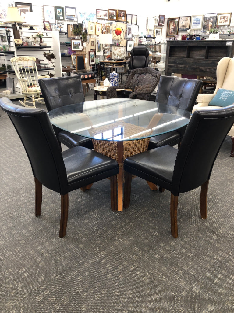 OVAL GLASS TABLE W/WICKER WRAPPED WOOD BASE, 4 BROWN FAUX LEATHER CHAIRS.