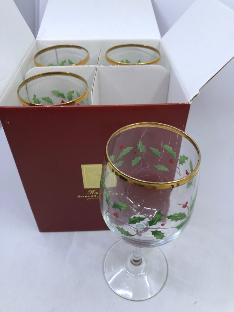 4 LENOX HOLIDAY HOLLY WINE GOBLETS.