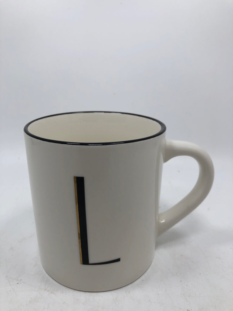 WHITE L  MUG W/BLACK RIM.