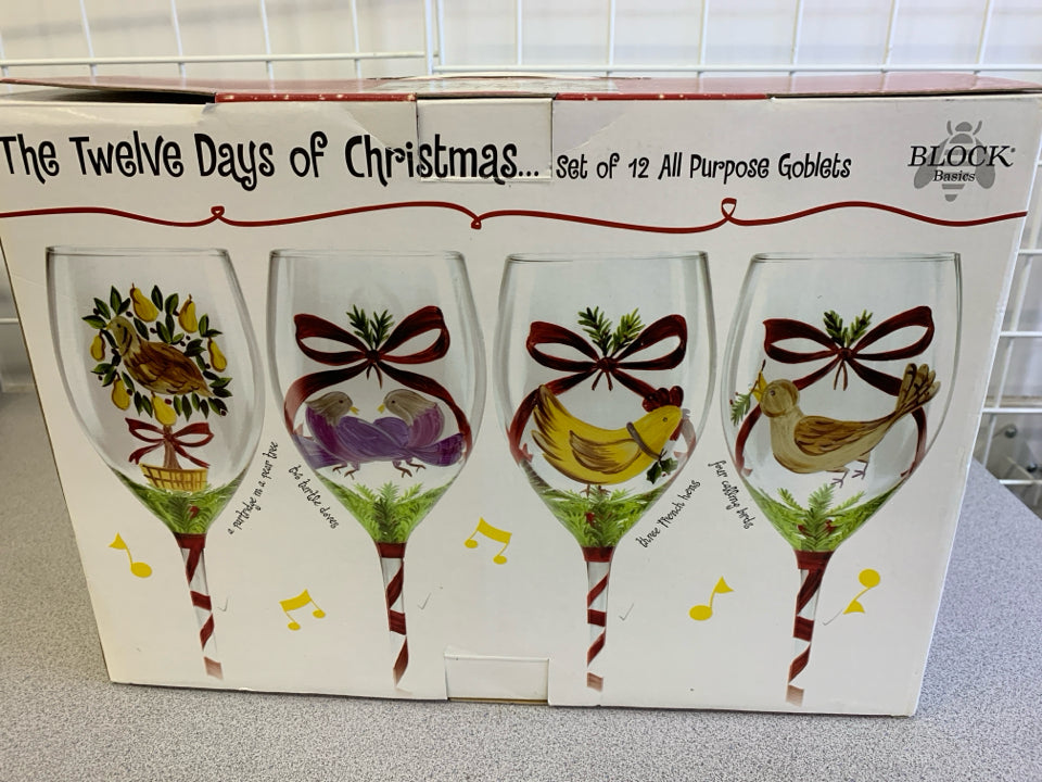 12 DAYS OF XMAS WINE GOBLETS-IN BOX.
