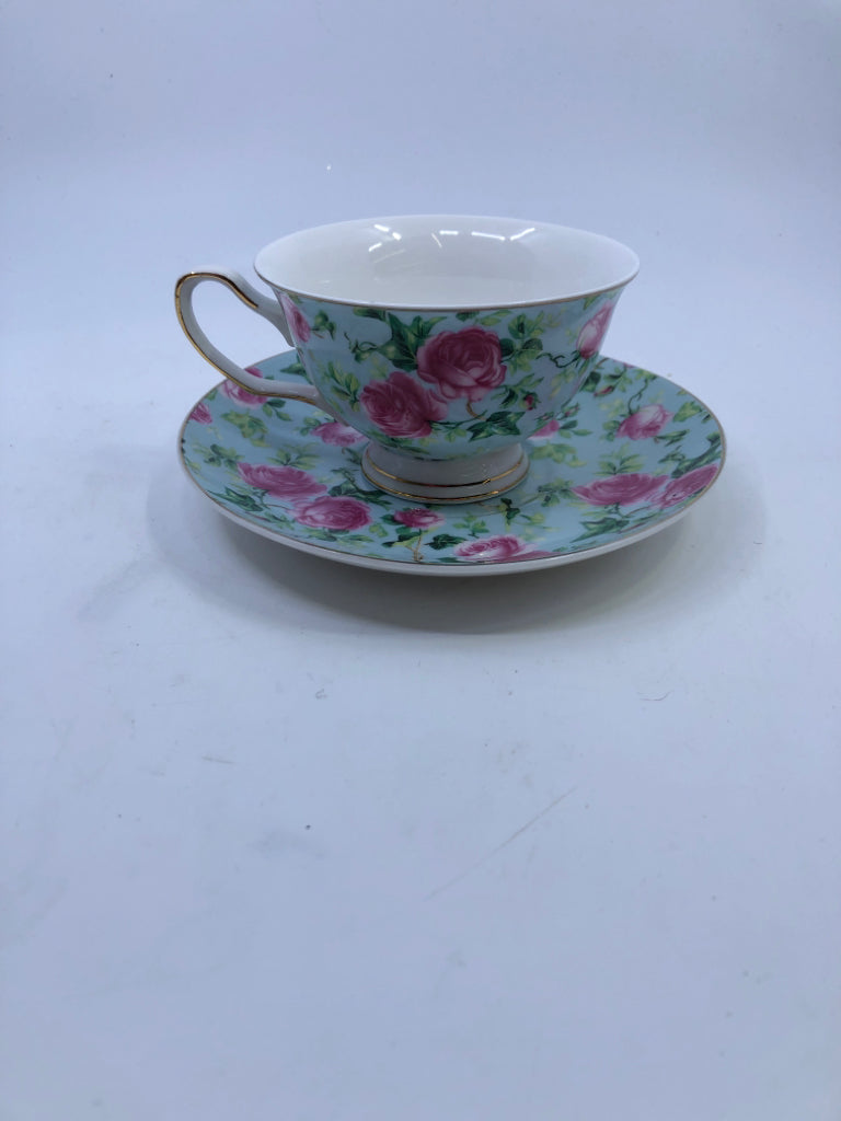 AQUA W PINK ROSES CUP AND SAUCER-GRACES TEAWARE.