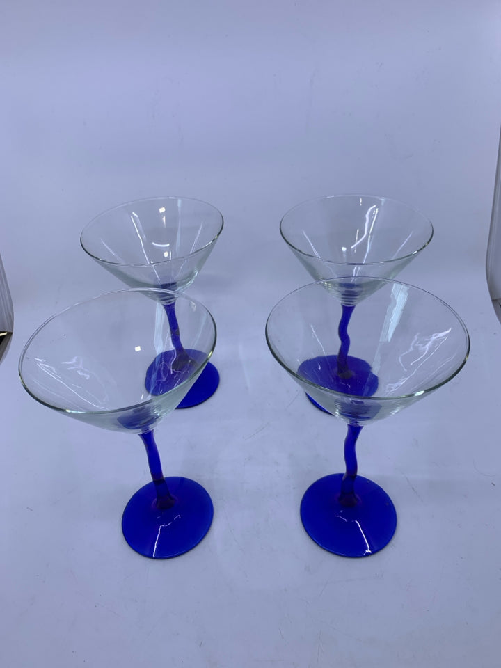4 BLUE WAVY STEM MARTINI GLASSES.