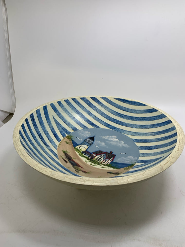 FOOTED WOOD BOWL W/ PAINTED LIGHT HOUSE BEACH SCENE SIGNED BY ARTIST.