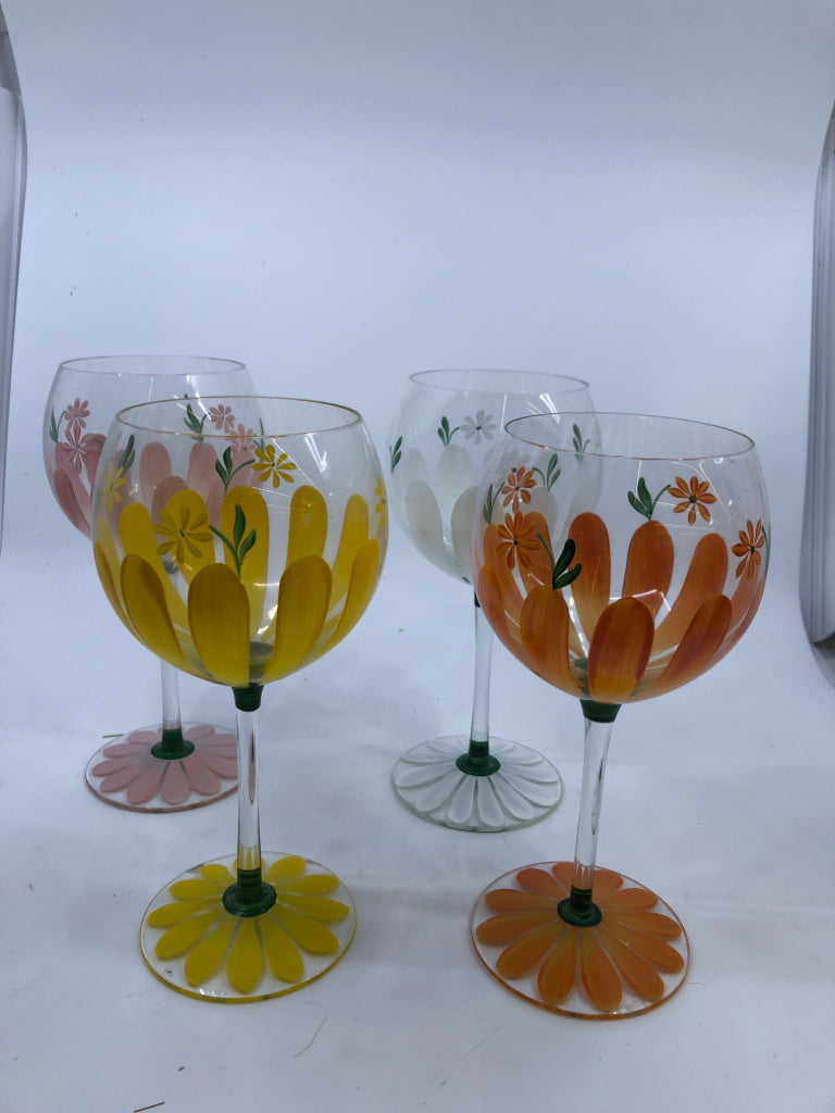 4 LARGE PAINTED BULB WINE GLASSES.