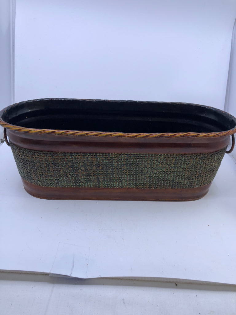 OVAL METAL PLANTER- BROWN/TEAL BASKET WEAVE DESIGN BELT AROUND W/ CIRCLE HANDLES