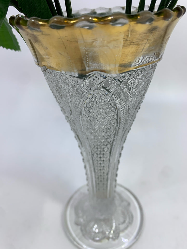 GLASS VASE W/RED ROSES & GOLD TRIM.